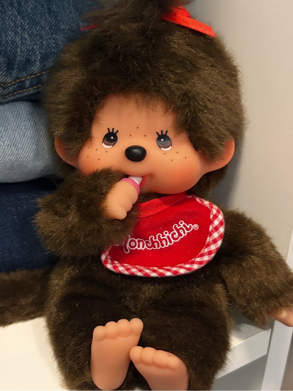 Monchhichi Brown Plush Doll with Red Bib